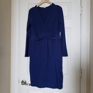 Pink Blush Maternity Navy Blue Midi Dress V-Neck Stretch Lined - Size Large
